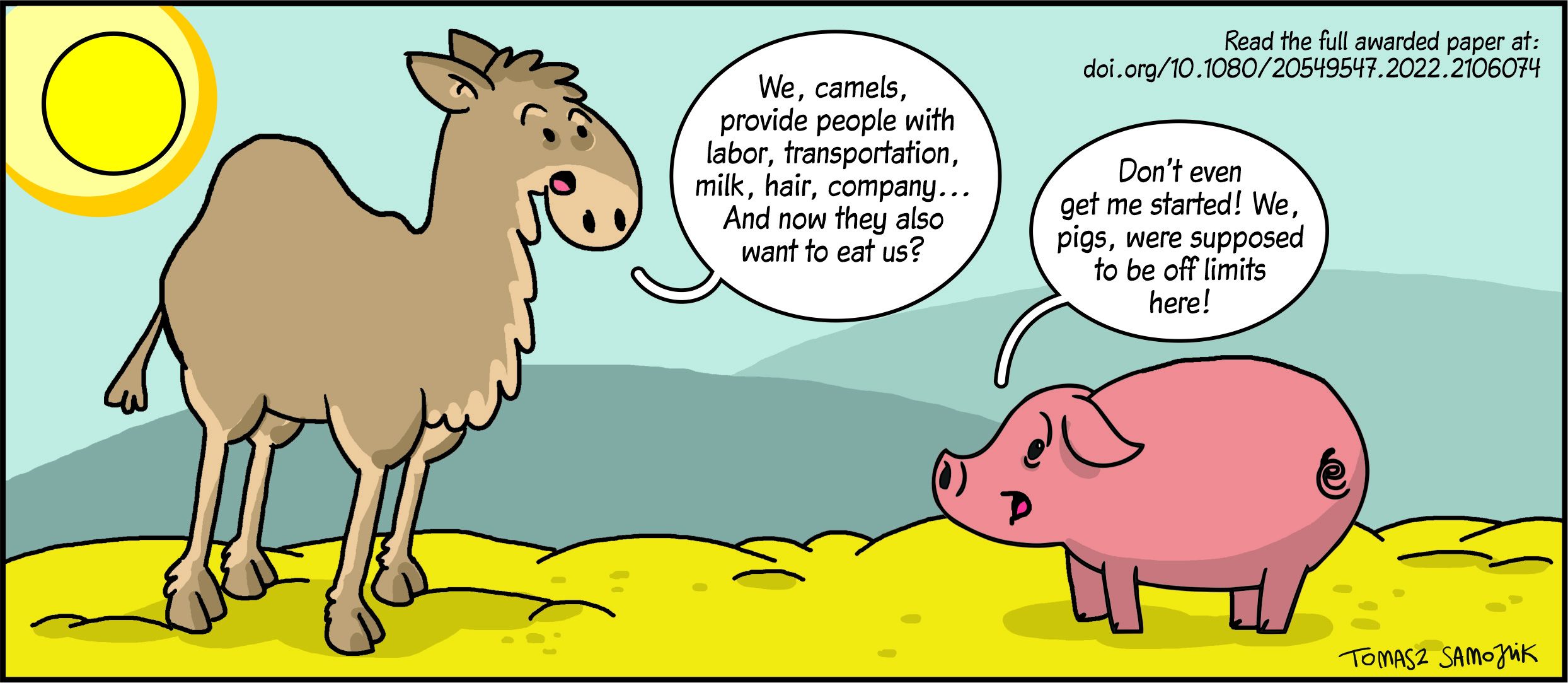Ein Bildausschnitt mit einer Kammel und einem Schwein, die eine Diskussion führen